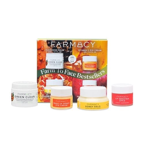 Farmacy Bestsellers Skin Care Set - Includes Green Clean Cleansing Balm, Wake Up Honey Eye Cream, Honey Halo Face Moisturizer + Lip Smoothie - Travel Size Skincare for Healthy, Glowing Skin (4 Count)
