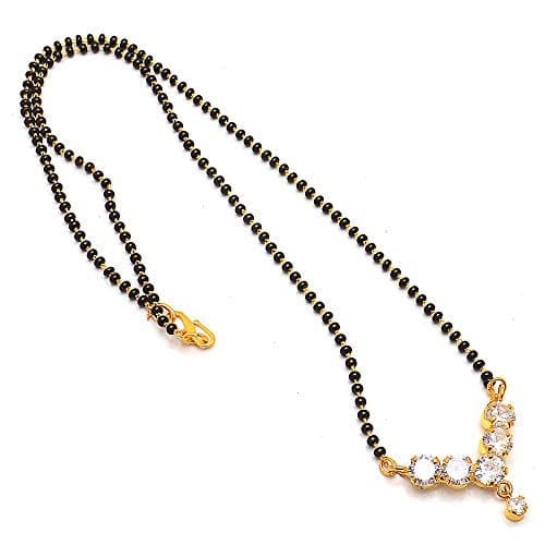 Jewar Mangalsutra Ad Cz Multi-Stones Gold Plated Black Crystal Beaded Chain Necklace Jewelry for Women (6 Stones)