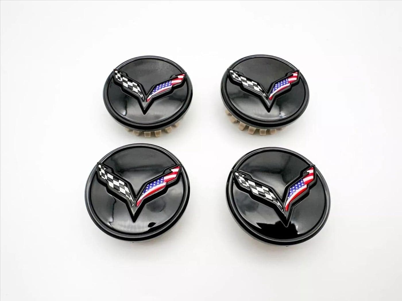 Set of 4 Wheel Center Cap Replacement for 2014+ C7 Corvette Stingray with Crossed Flag Logo