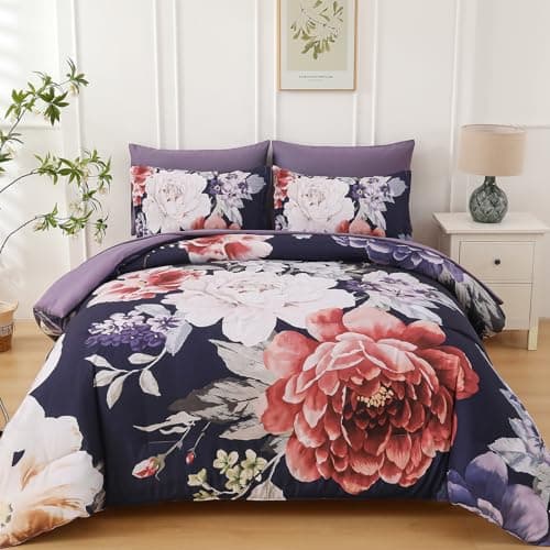 Dintszyayue Floral Comforter Set Queen Size 7 Pieces Dark Purple Bed in a Bag, Elegant Flower Bedding Sets Soft Comforter Set for All Season with Flat Sheet, Fitted Sheets, Pillowcases & Shams