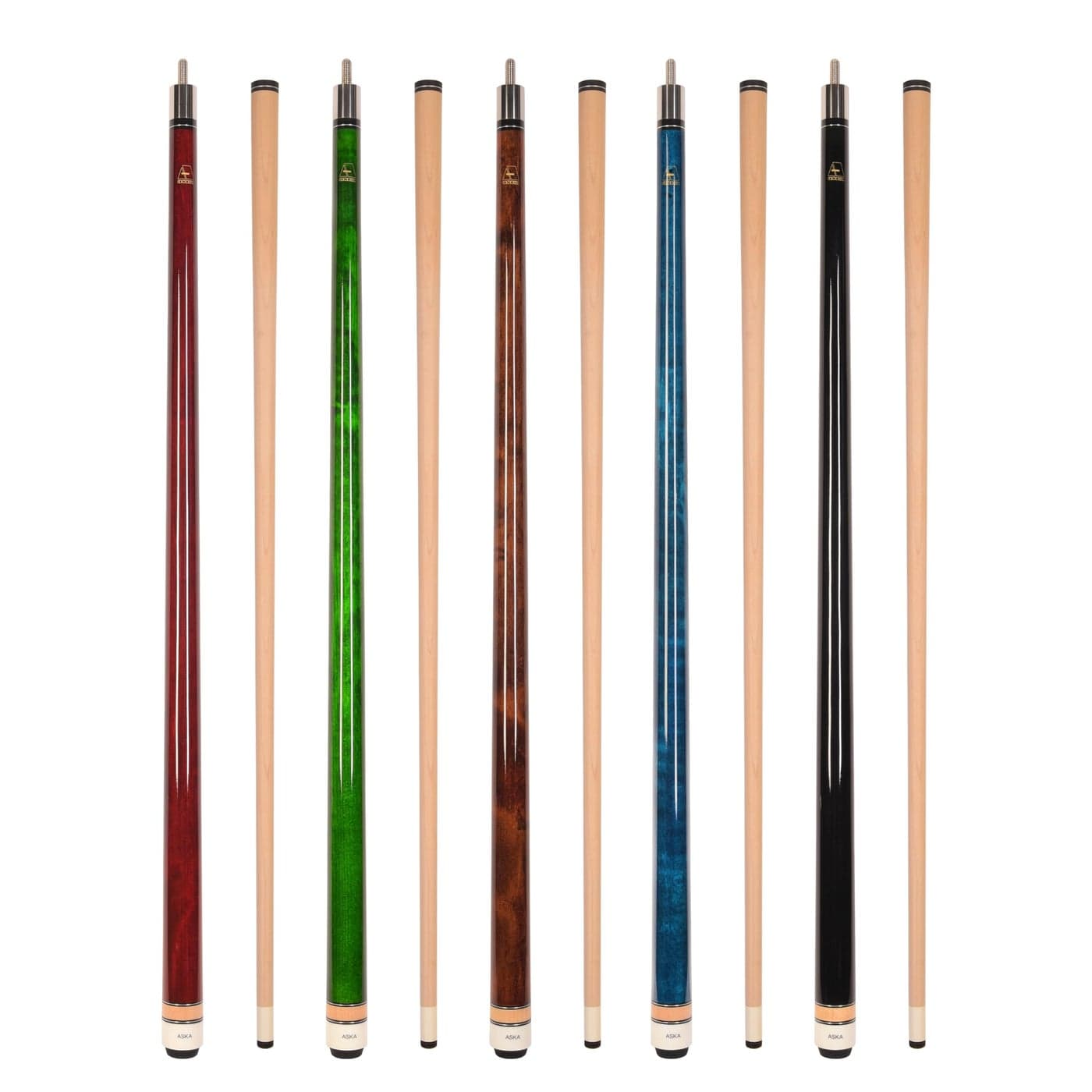ASKA Set of Wrapless 2Piece Billiard Pool Cue Sticks L3 58 Hard Rock Canadian Maple 13mm Hard Le Pro Tip Mixed Weights and Colors Set of 5 Sticks