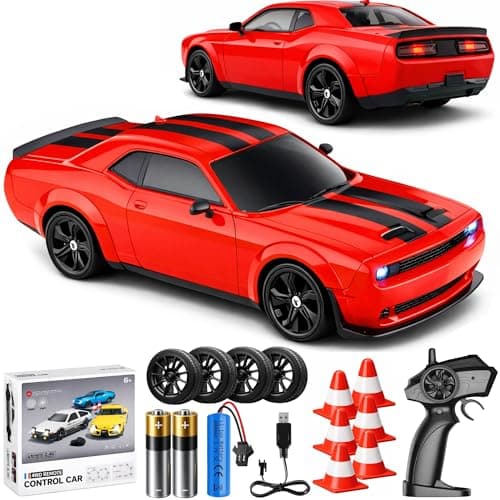 IntelLock 124 RC Drift Car 4WD HighSpeed Muscle Drift Car with 2X Rechargeable Battery ScratchFree Drift Tires LED Lights 24GHz Remote Control RC Car for Kids Adults Indoor Racing Toy