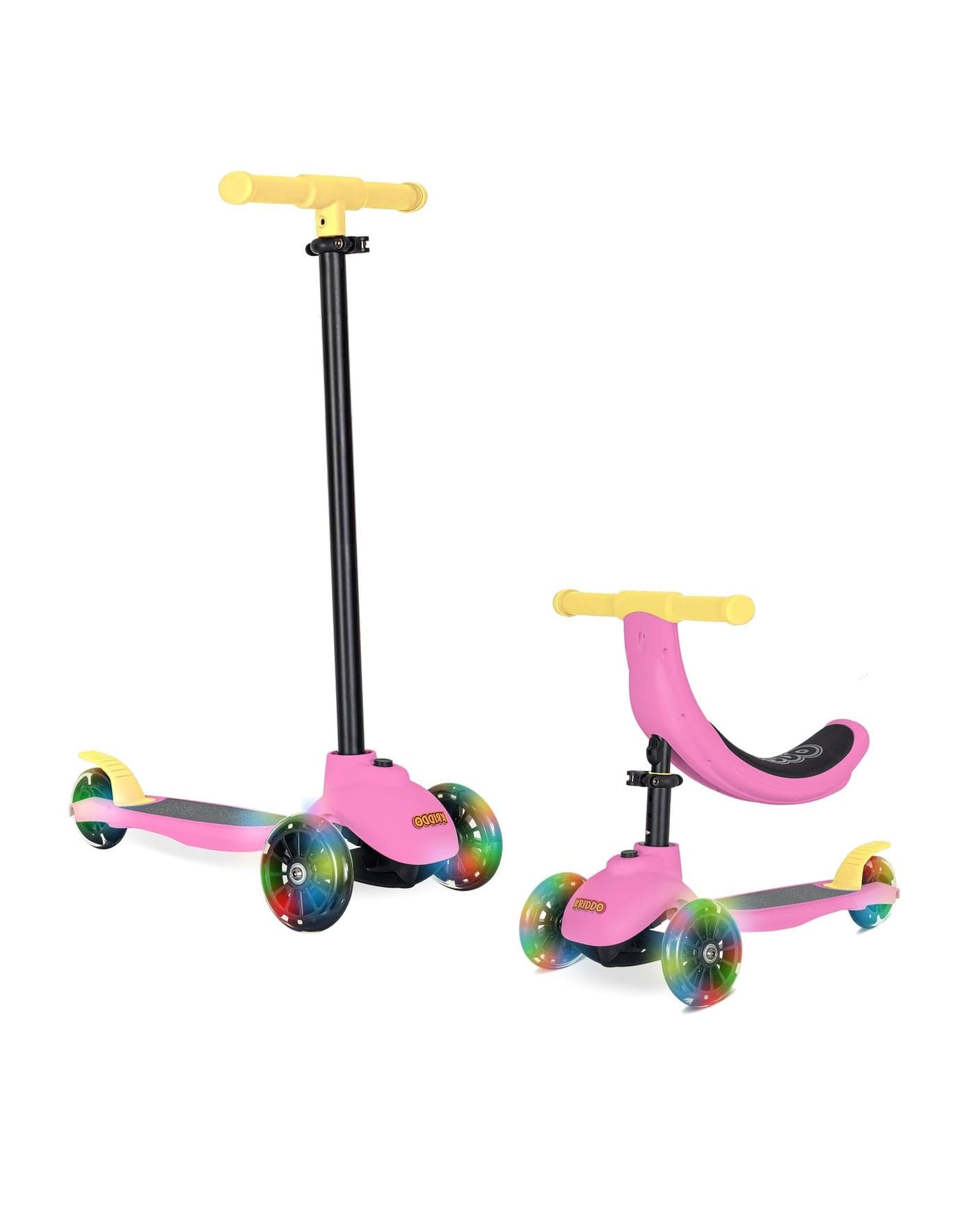 KRIDDO 5-in-1 Kids Kick Scooter, Lean-to-Steer, Toddler Toy Scooter with Adjustable Height, 3 Lighted Wheels, Ideal for Indoor & Outdoor, Gift for Kids Ages 1-5 Years, Pink