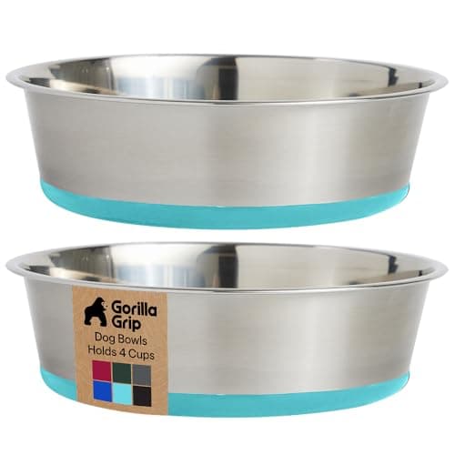 GORILLA GRIP Dog Bowls Food Grade 304 Stainless Steel Holds 4 Cups Each 32 fl oz Food and Water Bowl for Feeding Dogs and Cats Dishwasher Safe Rust Resistant BPA Free Rubber Base Set of 2 Turquoise