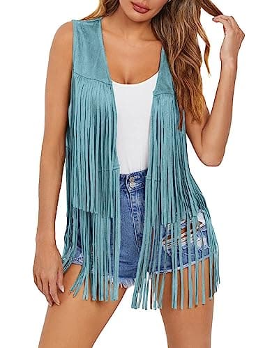 Dokotoo Womens Early Fall Fashion Fringe Vest 70s Hippie Boho Western Cowboy Chic Cowgirl Shirts Sleeveless Jacket Open Front Cardigan Faux Suede Leather Tassel Country Concert Outfits Blue Large