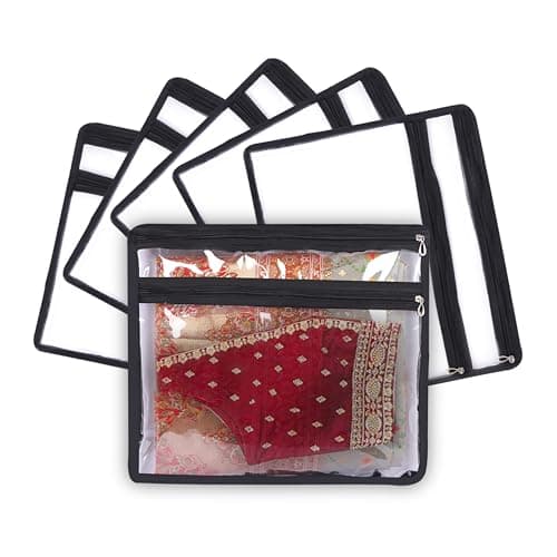 IMAWORKS Transparent Single Saree Bags/Covers For Storage With Blouse Pocket Set Of - 6 Big Size (16 X 14 Inches) With Zip Closure For Clothes Bags and Wardrobe Organizer (6) (6)