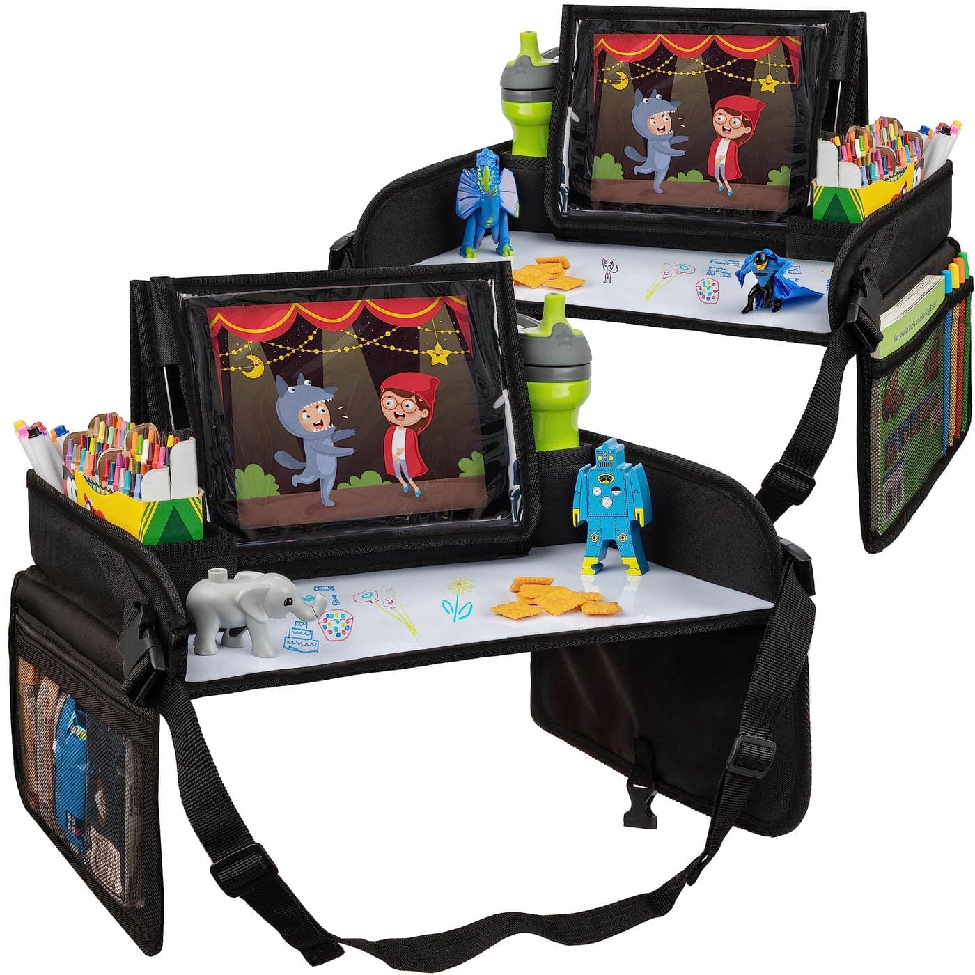 Lusso Gear Car Seat Tray for Kids 2Pack Black Road Trip Essentials Organizer Car Seat Snack Tray with Tablet Stand Mesh Pockets Cup Holder