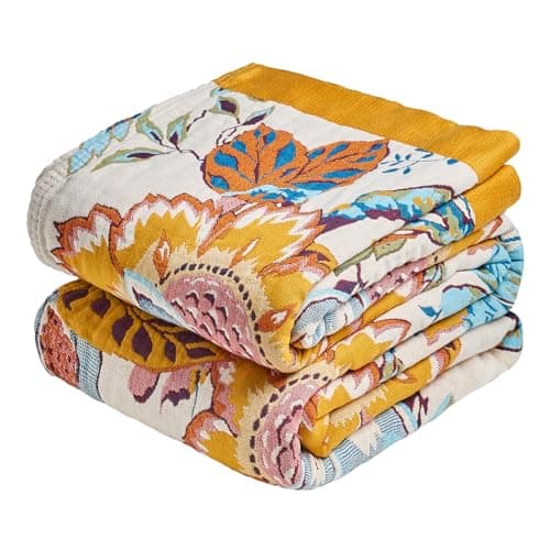 MSGKV Boho Throw Blanket 50"x60" Floral Cotton Blanket for Couch Sofa Spring Breathable Lightweight Farmhouse Blankets Home Decor Muslin All Seasons