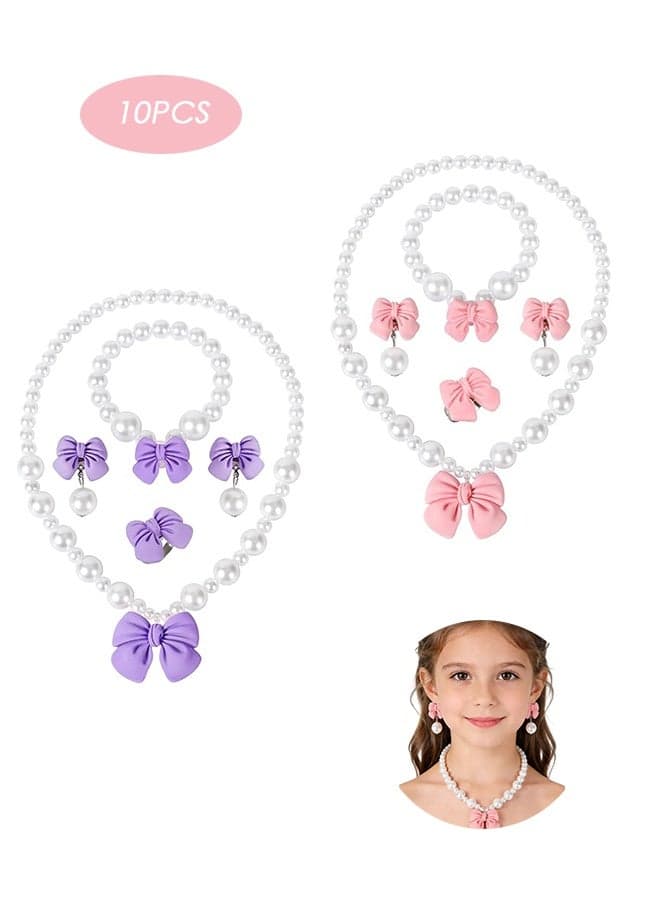 Princess Jewelry for Little Girls, Handmade Bow Pearl Kids Jewelry Set, Stretch Necklace Bracelets Rings and Clip on Earrings, Perfect for Dress Up, Birthday Parties, and Costume Play