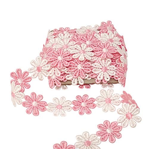 Honbay 5 Yards Decorating Lace Embroidered Trim Ribbons for Sewing or Craft Decoration Daisy Pink White