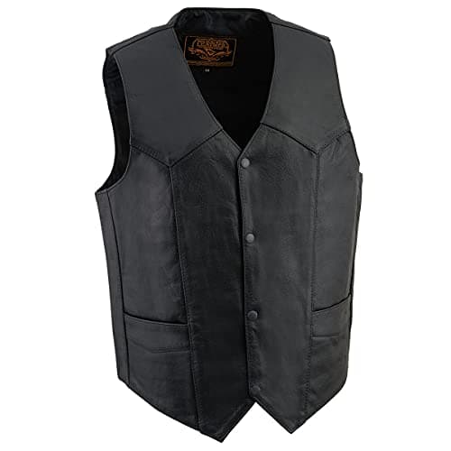 Milwaukee Leather SH1310 Men's Black Leather Classic V-Neck Motorcycle Rider Vest w/Front Snap Button Closure - 54