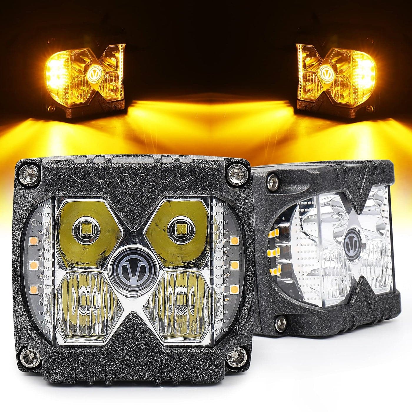 POVTOR Side Shooter LED Lights 40W Spot Flood V Logo Amber Solid Strobe Function Separate Dual Side Driving Light Pods for Jeep Truck Tractor SUV 4X4 Motorcycle