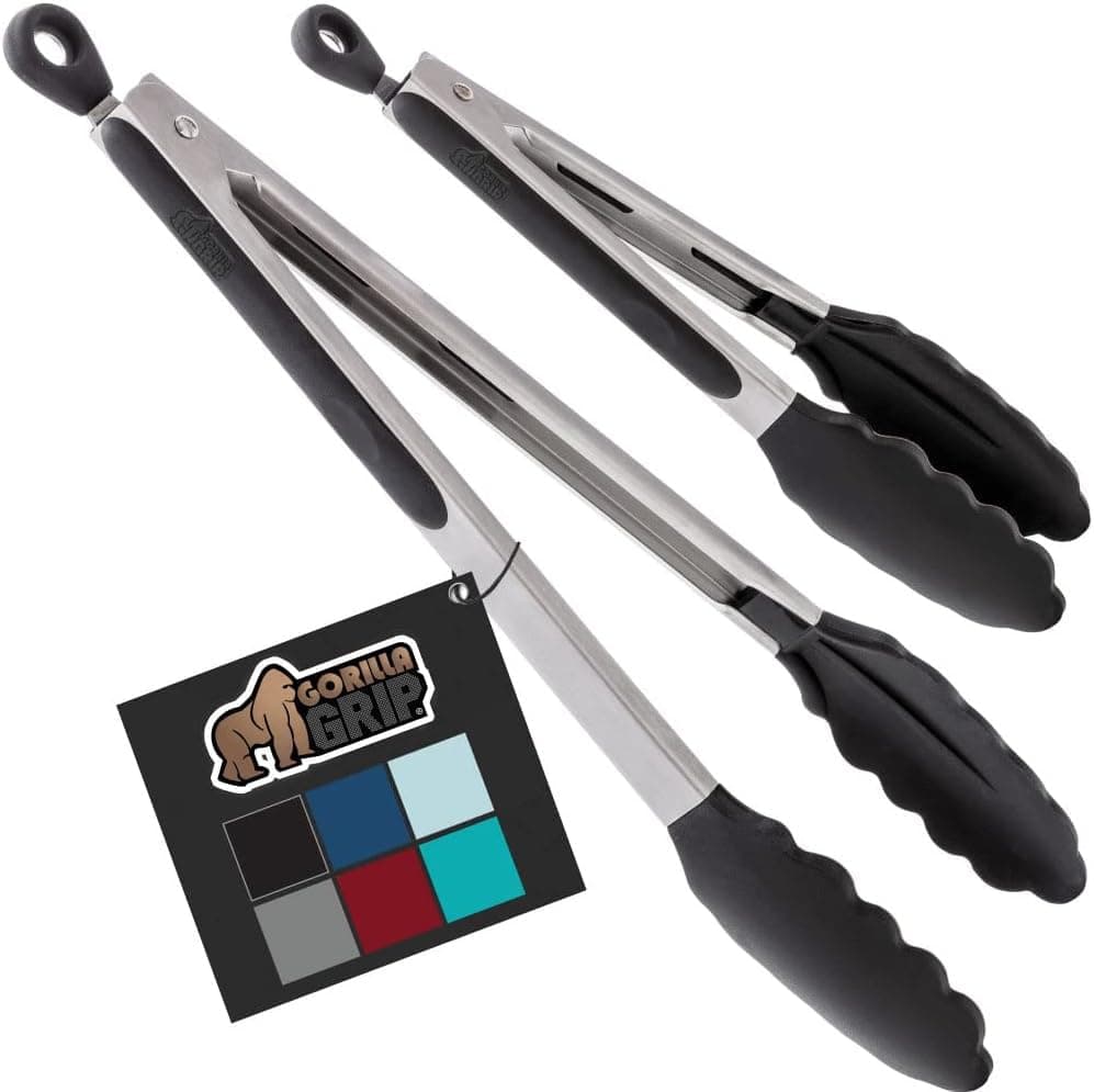 GORILLA GRIP Stainless Steel Heat Resistant Kitchen Tongs for Cooking, Set of 2 BBQ Tong, Non Scratch Silicone Tip for Pans, Strong Grip, Grab Food, Toss Salad, Air Fryer, Pull Lock, 7 + 9 Inch, Black