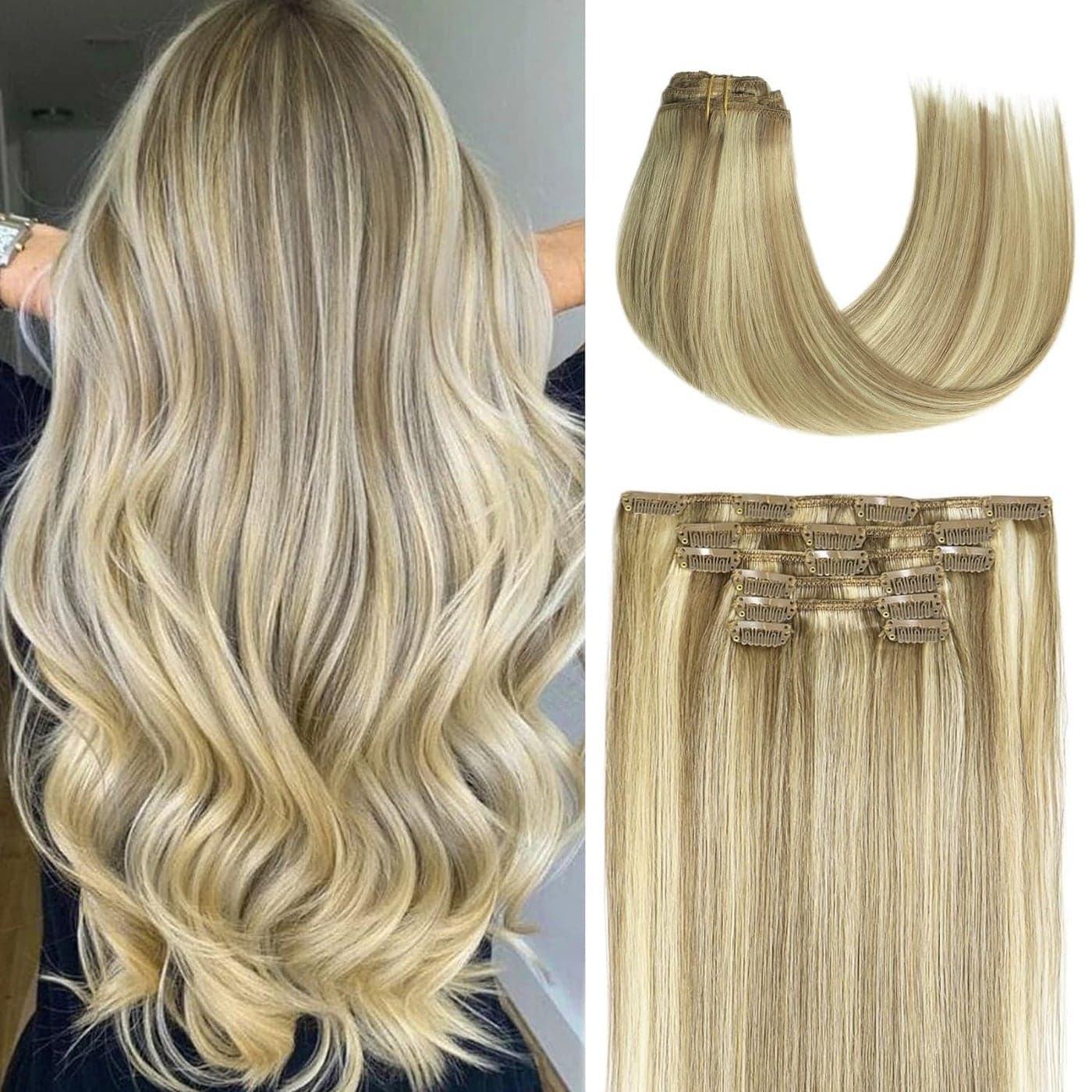Honsoo Clip in Hair Extensions Real Human Hair Balayage Hair Extensions Mixed Bleach Blonde 12inch 70g 7pcs Straight Silky Blonde Hair Extensions Heat Safe Hair