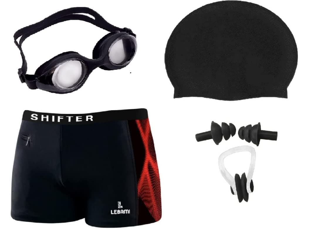 LEBAMI Swimming Kit for Mens Boys Swimming Costume for Mens Swimming Cap Swimming Goggles Nose Clip 2 Ear Plugs-Black