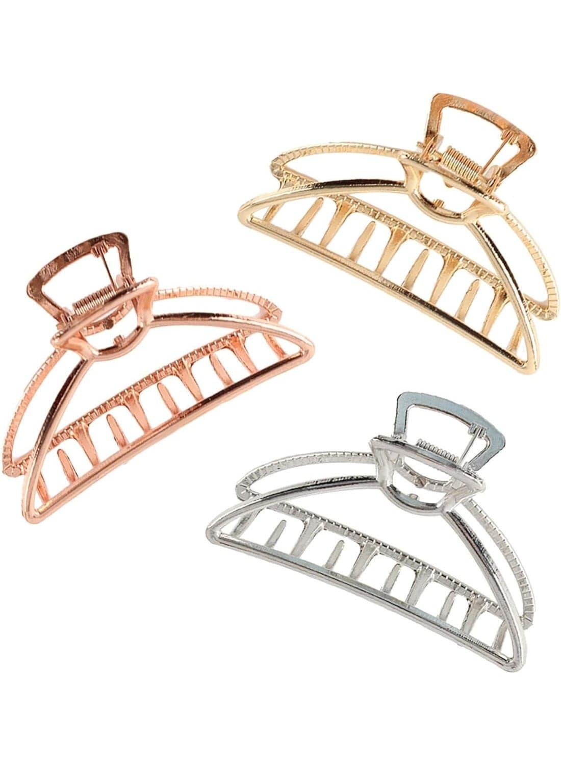 3 Pcs Large Metal Hair Claw Clips for Women, Non-Slip Hollow Geometric Hair Clamps for Thick or Thin Hair, Durable Zinc Alloy Hair Accessories for Daily Wear, Makeup, Gold Silver Rose Gold