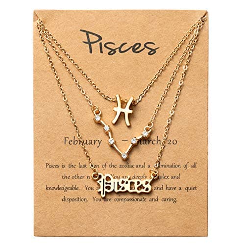 PANTIDE 3Pcs Pisces Zodiac Layer Necklaces for Women Retro 14K Gold Plated 12 Constellation Pendant Necklaces Exquisite Letter Horoscope Old English Zodiac Sign Necklace Jewelry Birthday Gift