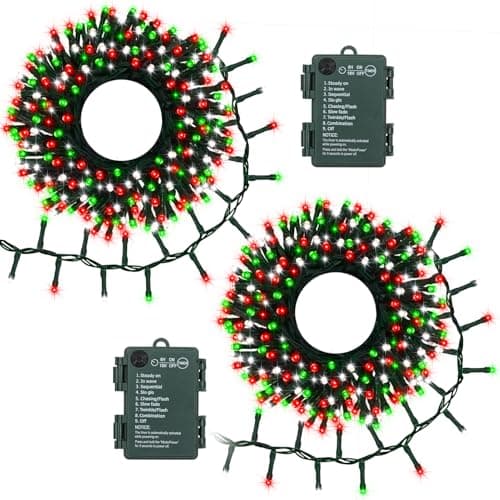 BSGlobal 2 Pack Christmas Lights Red White Green, Total 20Ft 400 LED String Lights with Timer 8 Modes Cluster Firecracker Light for Tree Room Garden Outdoor Decor