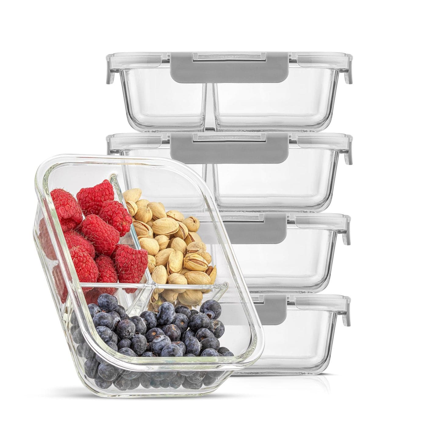 JoyJolt Divided Food Storage Containers with Lids Airtight 5 Pack Glass Meal Prep Containers 3 Compartment Set Glass Bento Box Reusable Food Containers Portion Control Containers for Weight Loss