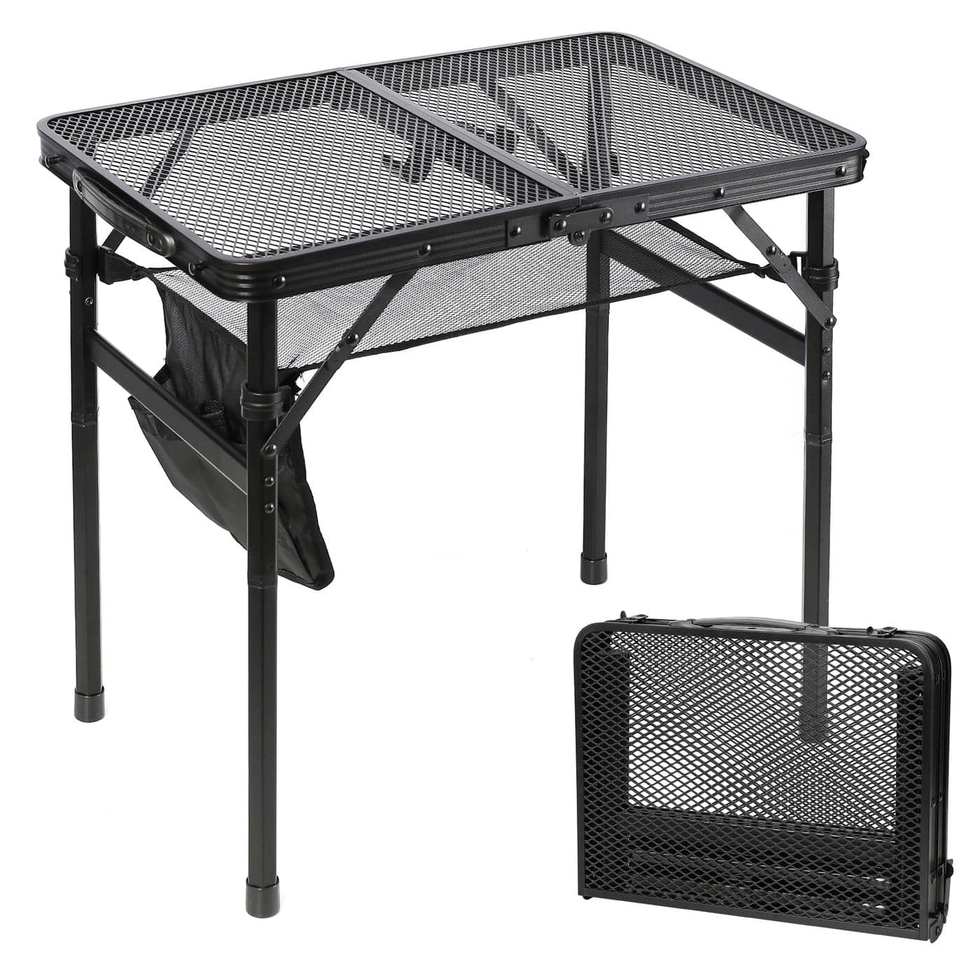 SKIKEN Small Floding Grill Table with Mesh Layer 2 Height Adjustable Portable Lightweight Metal Camping Table for Outdoor Beach BBQ Compact 2 FT Black