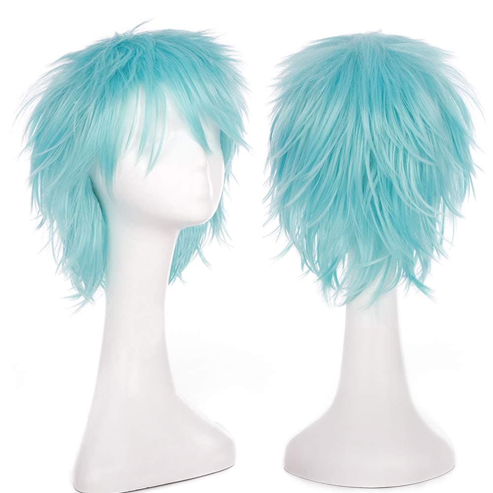 Snoilite Unisex Short Light Blue Cosplay Costume Wigs for Women Mens Male Anime Comic Shaggy Pixie Fluffy Straight Synthetic Hair Full Wig Halloween Party Fancy Dress