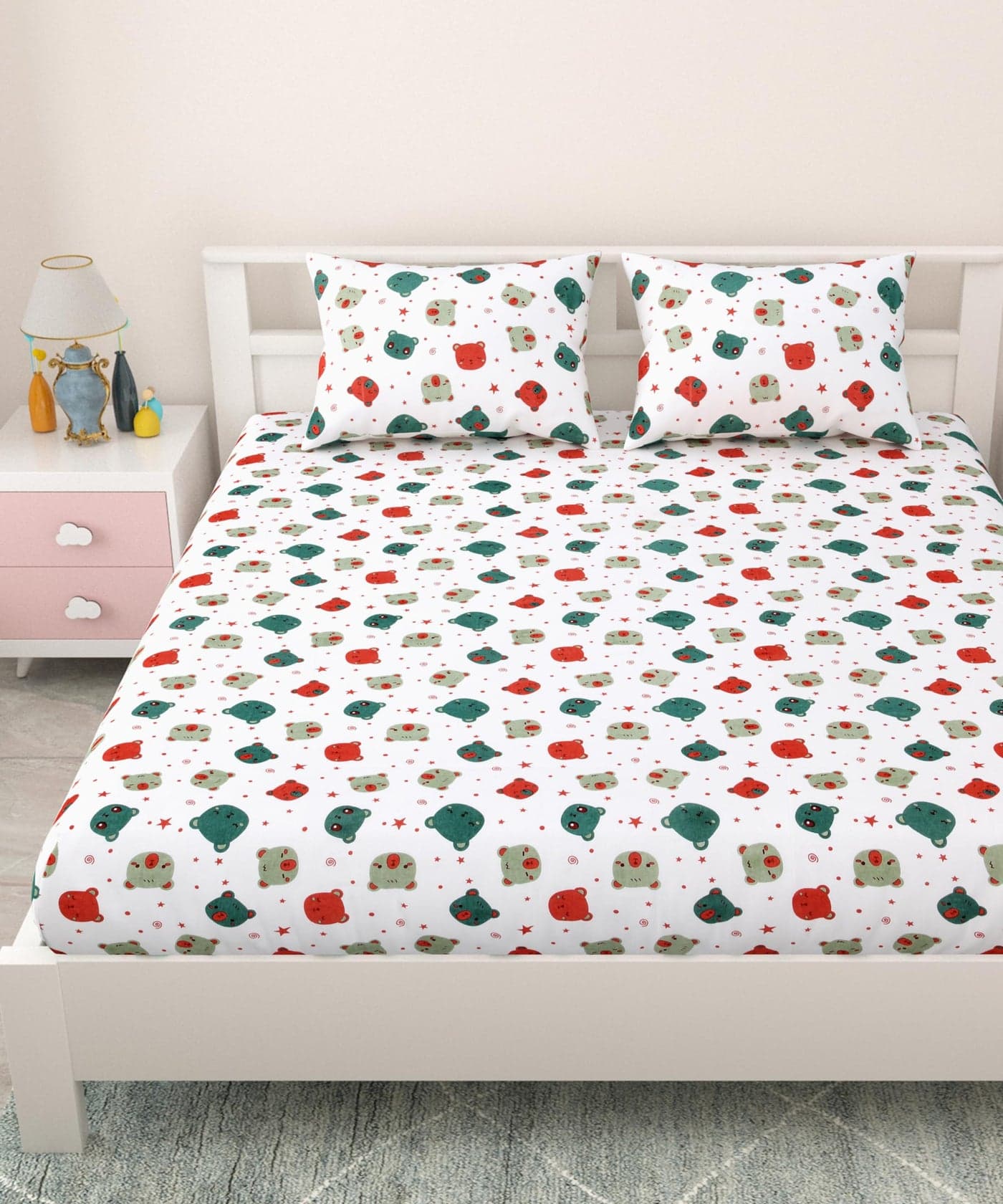 Mafatlal Coo Coo Pure Cotton Kids Bed Sheet Double Bed Queen Size with 2 Pillow Covers, 144 TC (90x100 inches) – Gentle Touch, Fun Cartoon Theme, Pied, for Boys & Girls