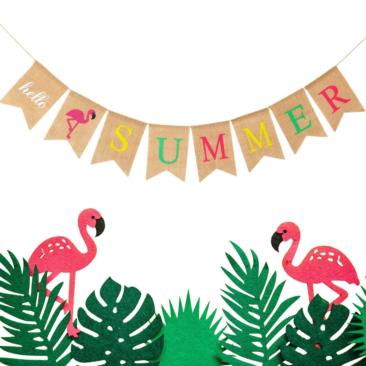 Hello Summer Burlap Banner Rustic Summer Banner with Flamingo Pattern Summer Garland Flag Decoration for Pool Party Beach Party Barbecue Party Color Set 1