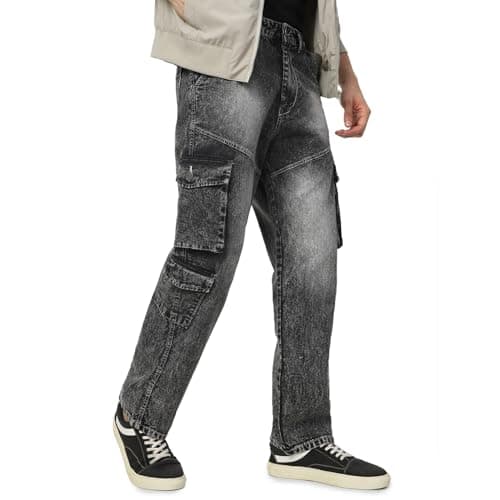 Urbano Fashion Men's Grey Loose Baggy Fit Washed Cargo Jeans with 7 Pockets Non-Stretchable (jeanlscargocns3p-mgrey-36)