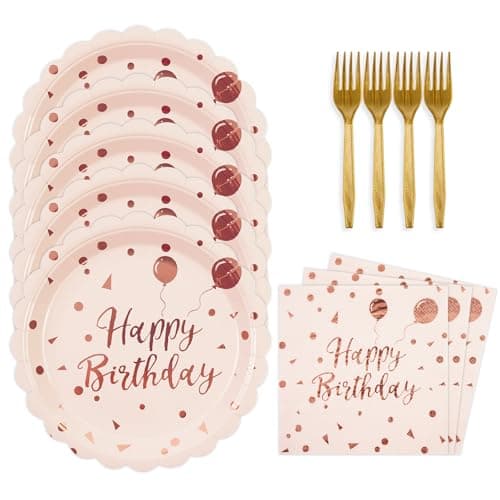 48PCS Happy Birthday Plates&Napkins Set-Disposable Pink and Gold Birthday Scalloped Dessert Plates 6.5IN Napkins Gold Forks Party Supplies for Birthday Wedding Valentine Party Decorations Serve16