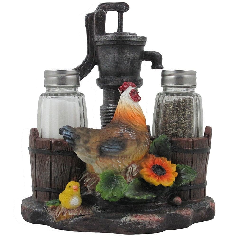 Farm Chicken and Old Fashioned Water Pump Glass Salt and Pepper Shaker Set with Holder Figurine in Country Kitchen Rooster Decor Sculptures and Statues and Rustic Gifts for Farmers