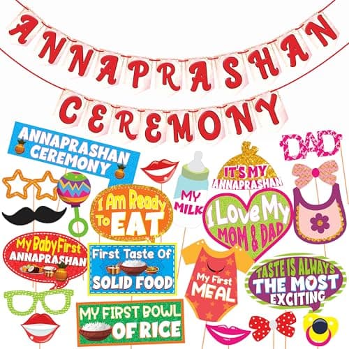 WOBBOX Annaprashan Photo Booth Party Props with Bunting Banner Annaprashan Ceremony Red & White Color, Annaprashan Decoration Item