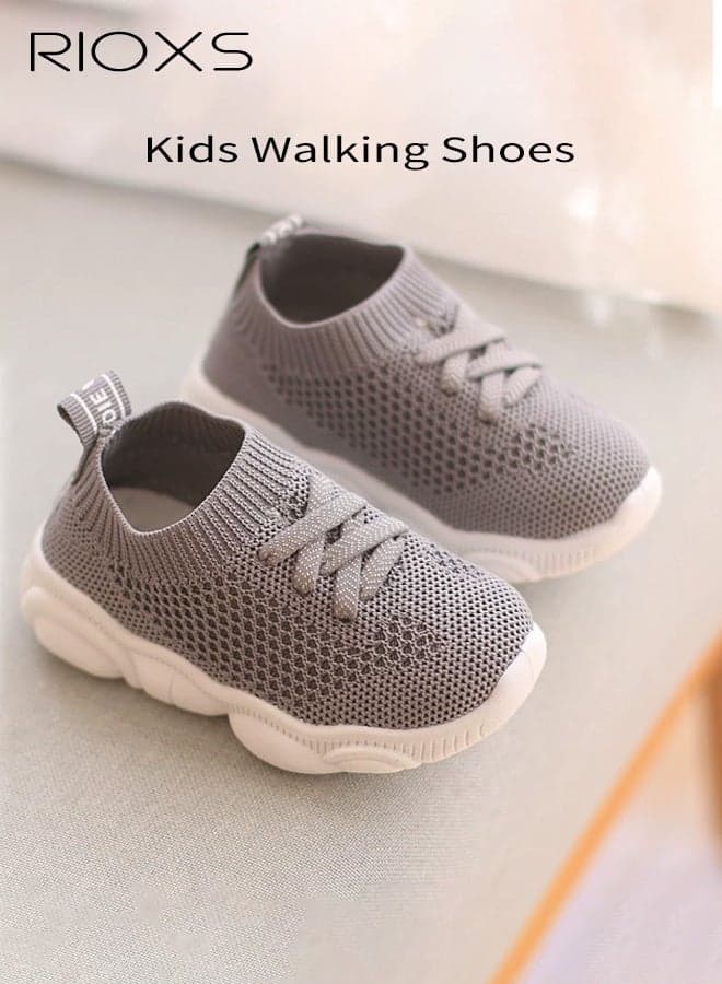 Toddler Baby Shoes, Breathable Mesh Sneakers for Little Kids, Baby Girls Boys Barefoot Shoes, Soft Comfy Pull-on Shoes, Lightweight Round Toe Walking Shoes, Casual Athletic Shoes for Boys Girls, Preschool Kids Tennis Shoes, Kindergarten Flexible Low Top Sneaker, Anti-slip Baby Sock Shoes, Grey Shoes