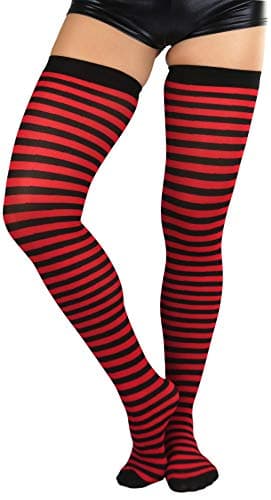 ToBeInStyle Women’s Opaque Hoseiry Thin Striped Thigh High Long Stocking - Black W/Red Stripes