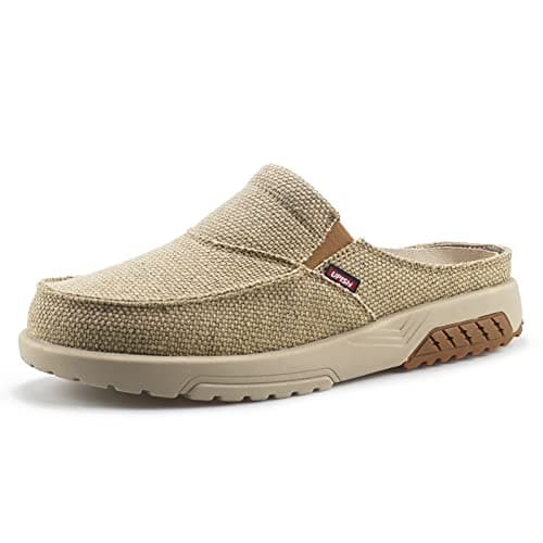 UPIShi Men's Arch Support Orthopedic Plantar Fasciitis Relief Slippers Canvas House Indoor Outdoor Slip On Loafers Non-Slip Casual Shoes Beige 7.5
