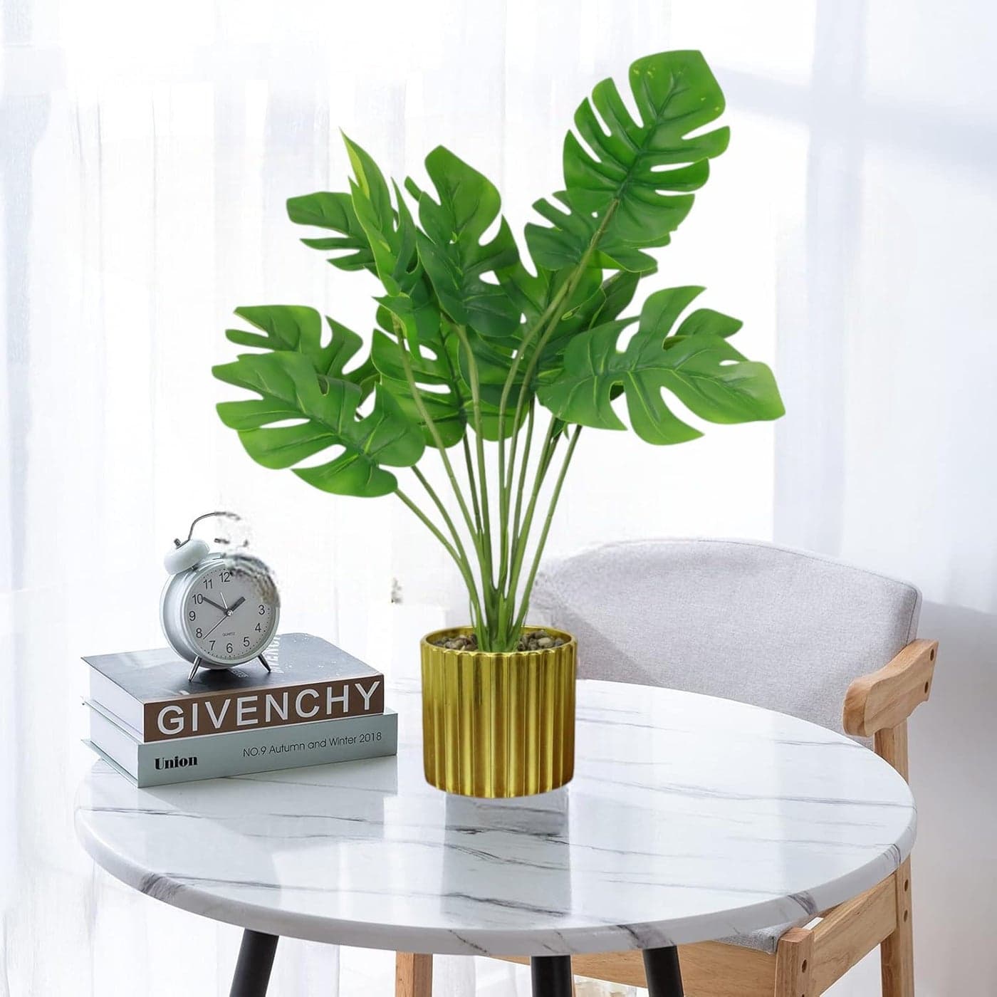 HOME ELEMENTS 1 Pc Artificial Monstera Plant with Decorative Golden Pot Fake Tropical Green 12 Leaf Realistic Faux Plants for Decoration Living Room Interior Home Office Dimensions 8x35cm