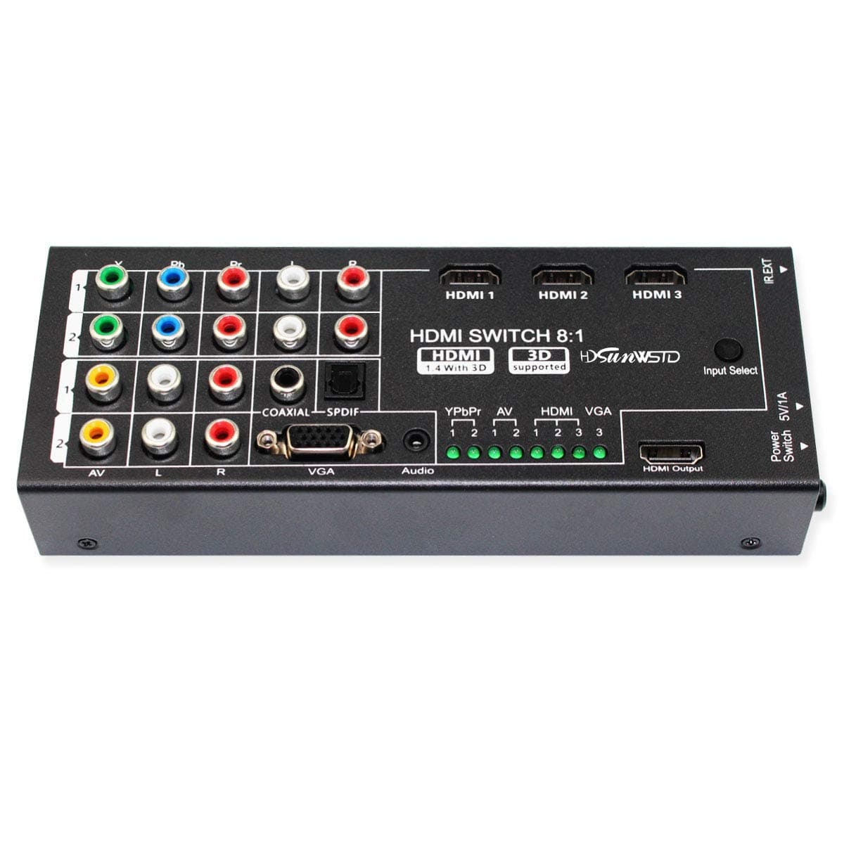 MultiFunctional HDMI Converter with 8 Inputs VGA AV Ypbpr Component HDMI to One HDMI OutputCOAXIAL OutputSPDIF Output Supports HDMI v14 3D