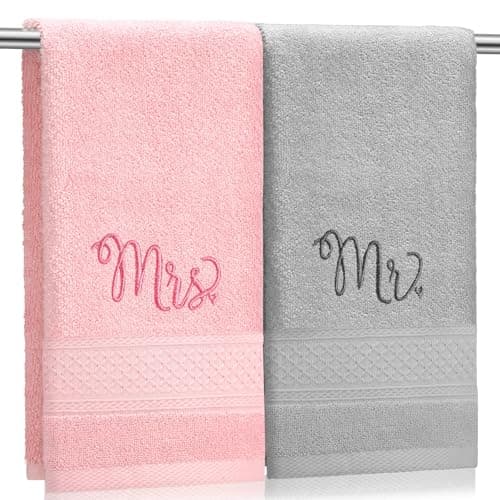 Tingjoo 2 Pcs Mr. and Mrs. Hand Towels 100% Cotton Embroidered Bathroom Towel Wedding Mr. and Mrs. Gift for Valentine's Day Couple, Anniversary Bathroom Decor 29 x 13 Inch