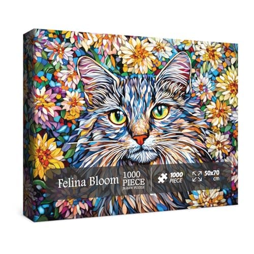 Flower Cat Puzzles for Adults 1000 Pieces Colorful Art Floral Animal Jigsaw Puzzle Beautiful Plant Garden Challenging Puzzles for Adults