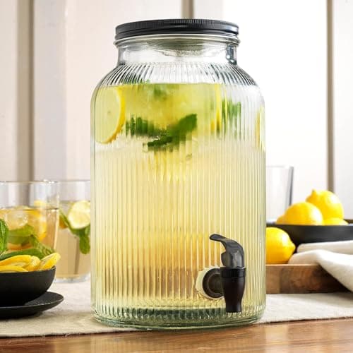 Wringo 5 Litre Glass Iced Drink Dispenser with Spout & Tap, Black Steel Lid & 5000ML Cold Beverage Dispenser for Beer, Water, Cocktails, Detox Drinks & More, Perfect for Parties & Events (WA-04)
