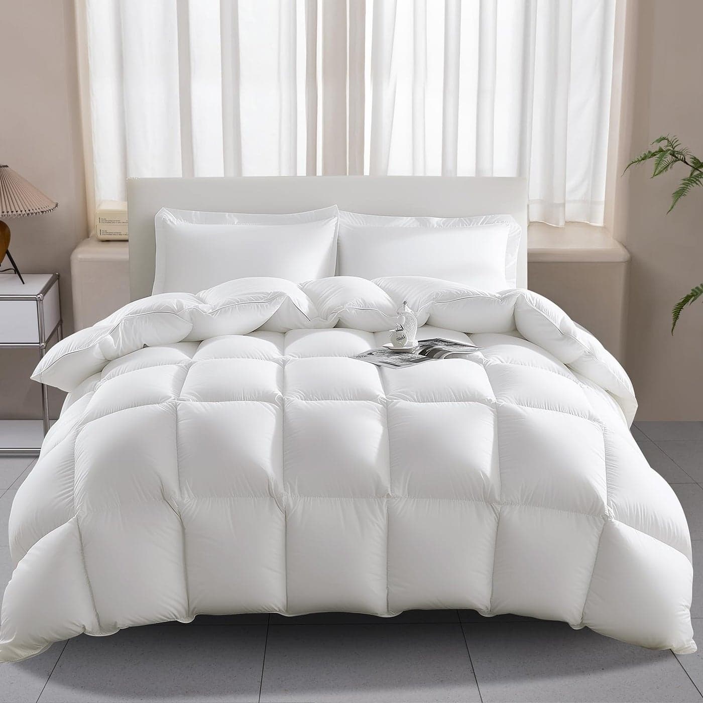 Wellos King Size Luxury 100 Organic Cotton All Season Feather Down Fiber Comforter High FillPower Medium Warmth Duvet Insert 8 Corner Tabs High Fluffy 3D Baffle Box 106x90 White