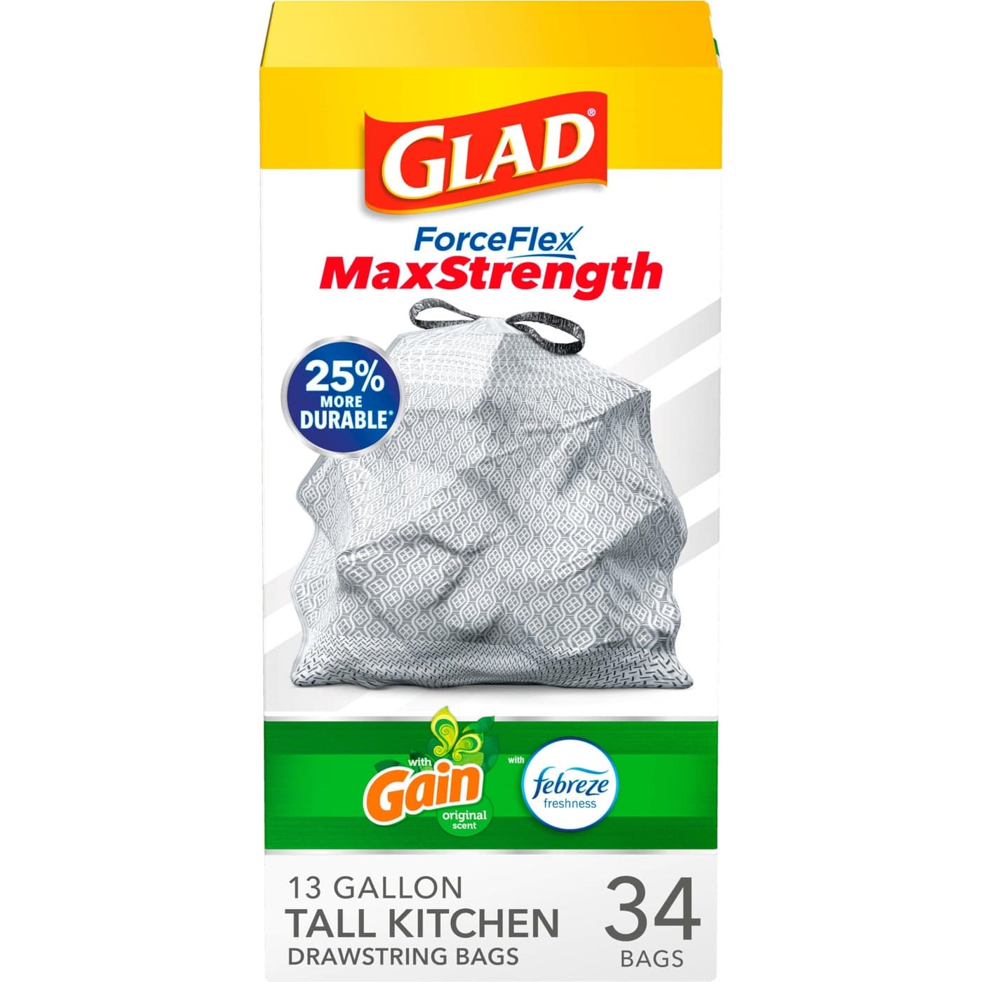 Glad Trash Bags ForceFlexPlus Tall Kitchen Drawstring Garbage Bags 13 Gallon Grey Trash Bag Gain Original with Febreze Freshness 34 Count Package May Vary