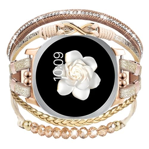 Boho Leather Bracelet for Samsung Galaxy Watch 8/7/6/5/4 Band 40 44mm Women, 20mm Cute Beaded Multilayer Strap for Galaxy Watch 8 Classic 6 4 Classic 43mm 47mm 42mm 46mm/Watch 5 Pro 45mm /Active2