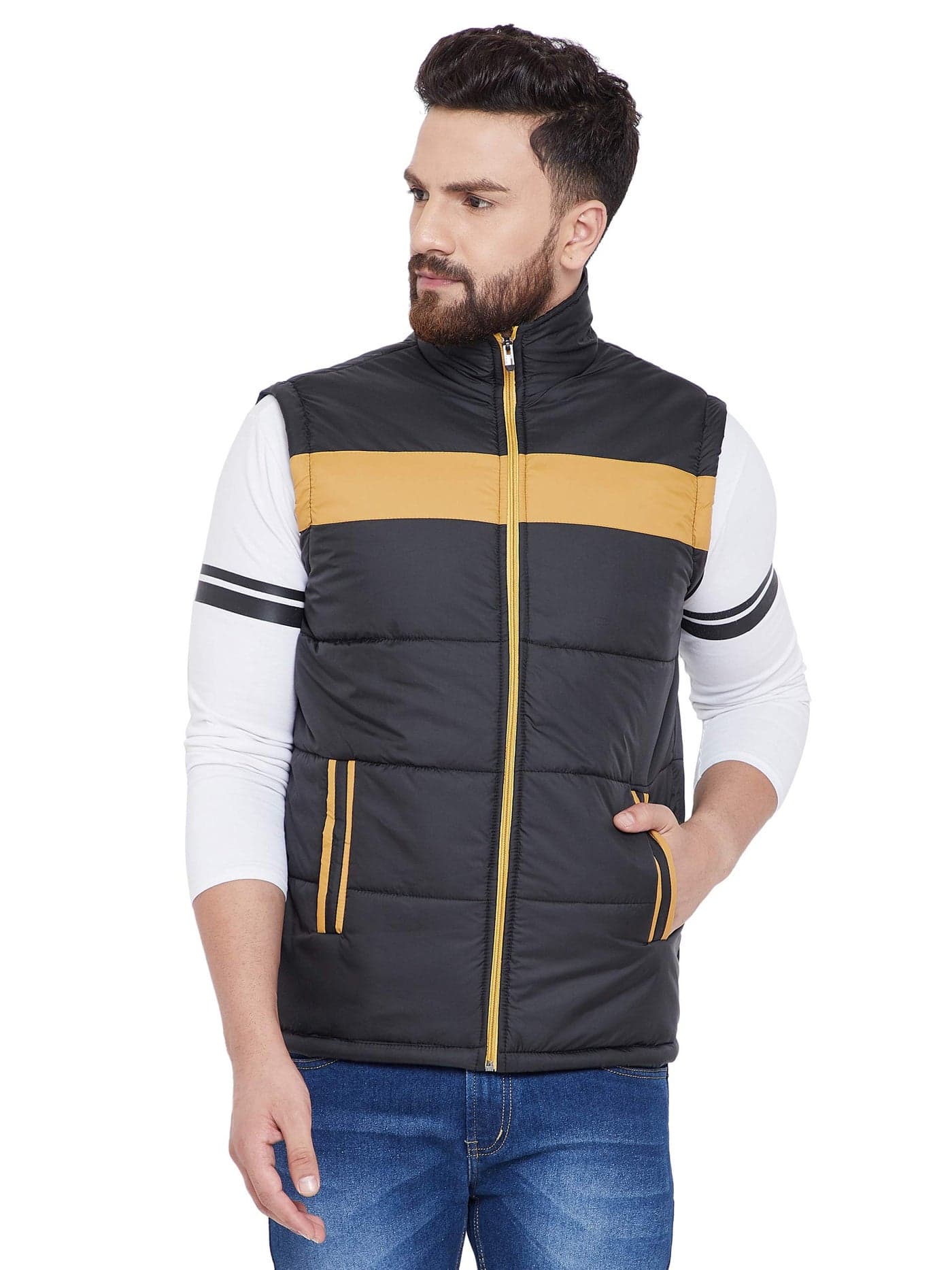 Ben Martin Men's Quilted Sleeve Less Bomber Jacket -Black-Yellow 002 M - Nylon, Standard Length