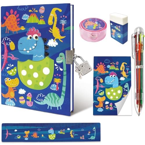 GINMLYDA Boys Diary with Lock Dinosaur Secret Diary Set Incl Kids Lockable Journal Memo 6Multicolor Pen Ruler Eraser Sharpener Writing Notebook Gift for Boys 610