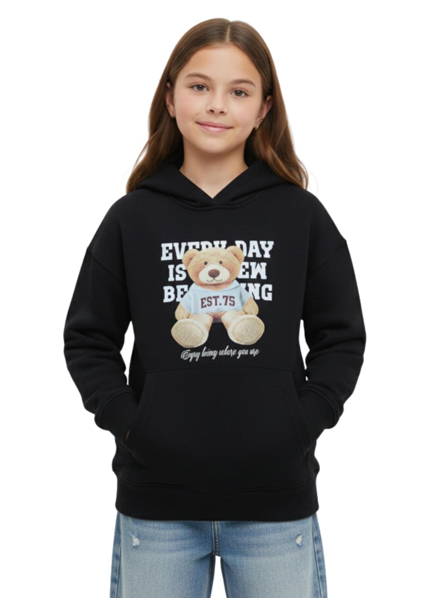 Alan Jones Clothing Girls Oversized Hoodie | Printed Sweatshirt | Casual Winter Wear | Age 6–16 Years (Black_13-14 Years)