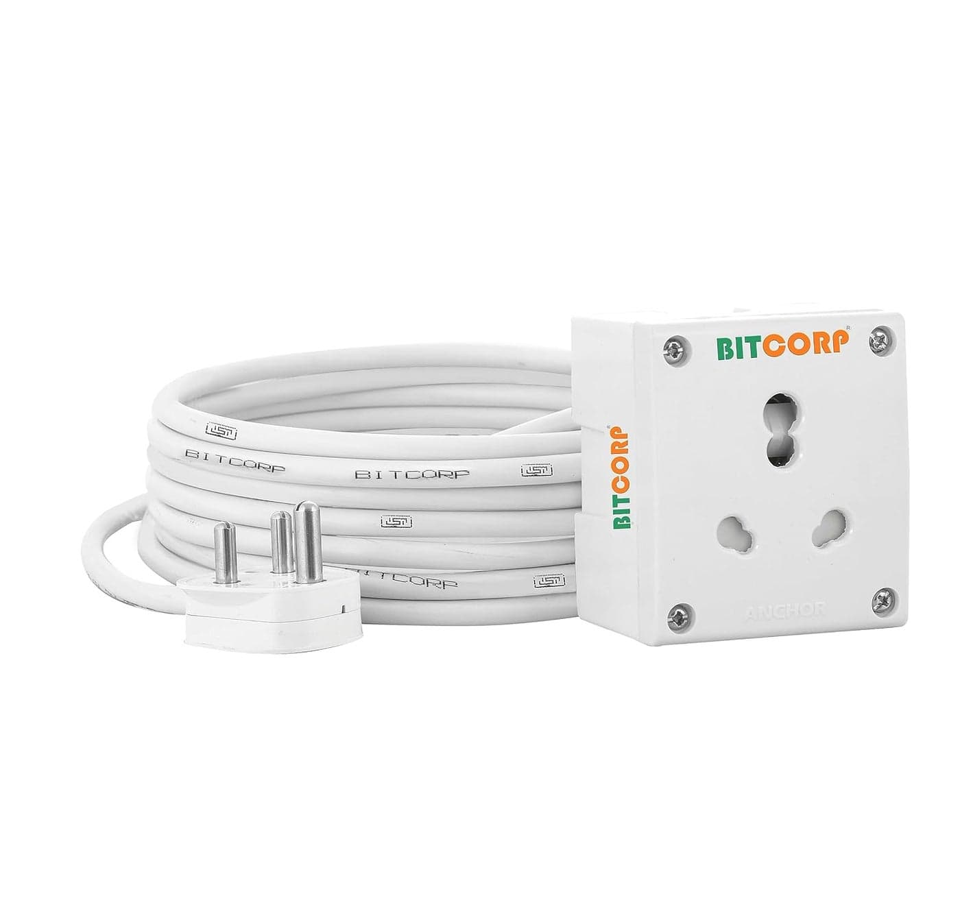 BITCORP Single Socket Extension Board 1 Way Plug 15A 16A 20A 2500W 5 Meter Long Length Cable Cord Compatible With ChargerFridgeWashing MhineMicrowaveSmall And Heavy Appliances White220 Volts