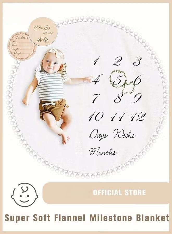 Baby Milestone Monthly Blanket Mat with Double-Sided Milestones Cards and Circle Garland Thick Flannel Round Rug for Boy Girl, Baby Photography Props