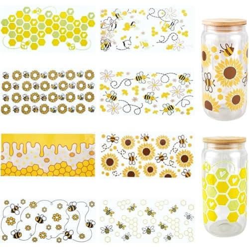 SOFPLATE 8Pcs 8 Styles Glass Cup Sticker Wrap UV DTF Cups Wraps Bulk Transparent Plastic Yellow Animals Bees Honey Comb Pattern Waterproof Decals Stickers for Tumblers Wood Decorations DIY Crafts