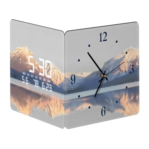 SCOAGE 12'' Double Sided 90° Corner Wall Clock, Golden Sunrise & Lake, Radar Motion Activated, Analog & LED Display with Temp Humidity Date Day, Silent Non-Ticking Plug-in for Living Room Hallway
