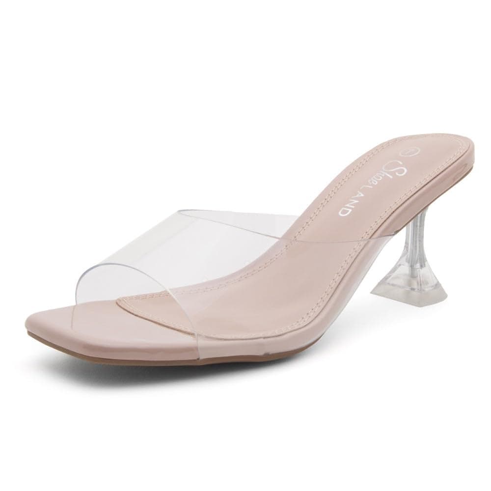Shoe Land Clear Heels for Women Kitten Heeled Slides with Square Open Toe Low Transparent Mules SlipOn Dressy Clear Sandals for Prom Party Formal Events ClearNude Size 50 Celebrate